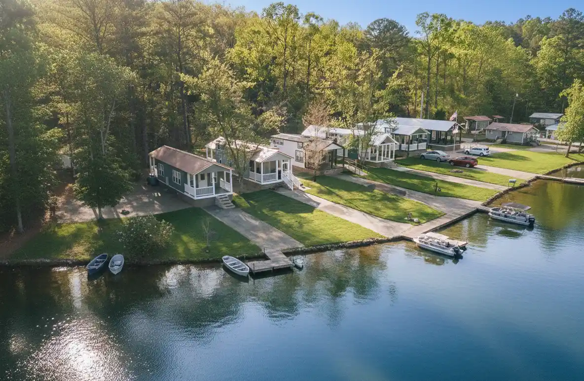 Cottages along the water in a Revita seasonal community